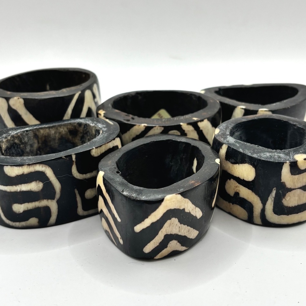 Handmade Kenya Batik Bone Napkin Rings Set of 6 Black Cream Tribal Safari Decor